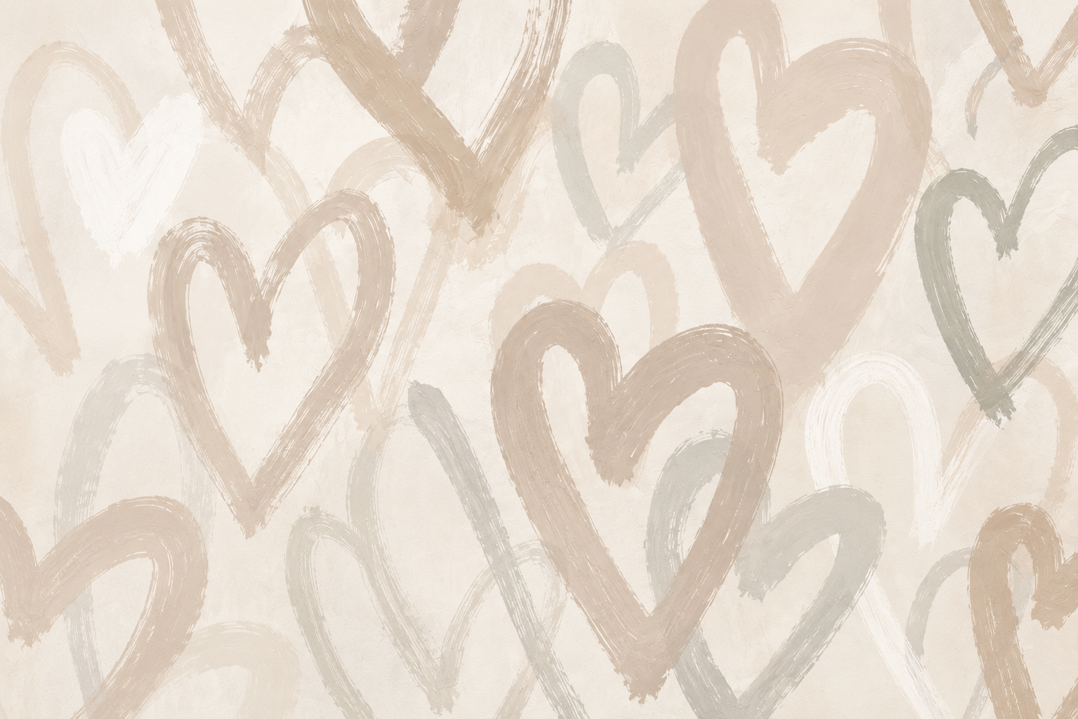 A soft hand-painted pattern of overlapping brushstroke hearts in warm sand, taupe and stone tones