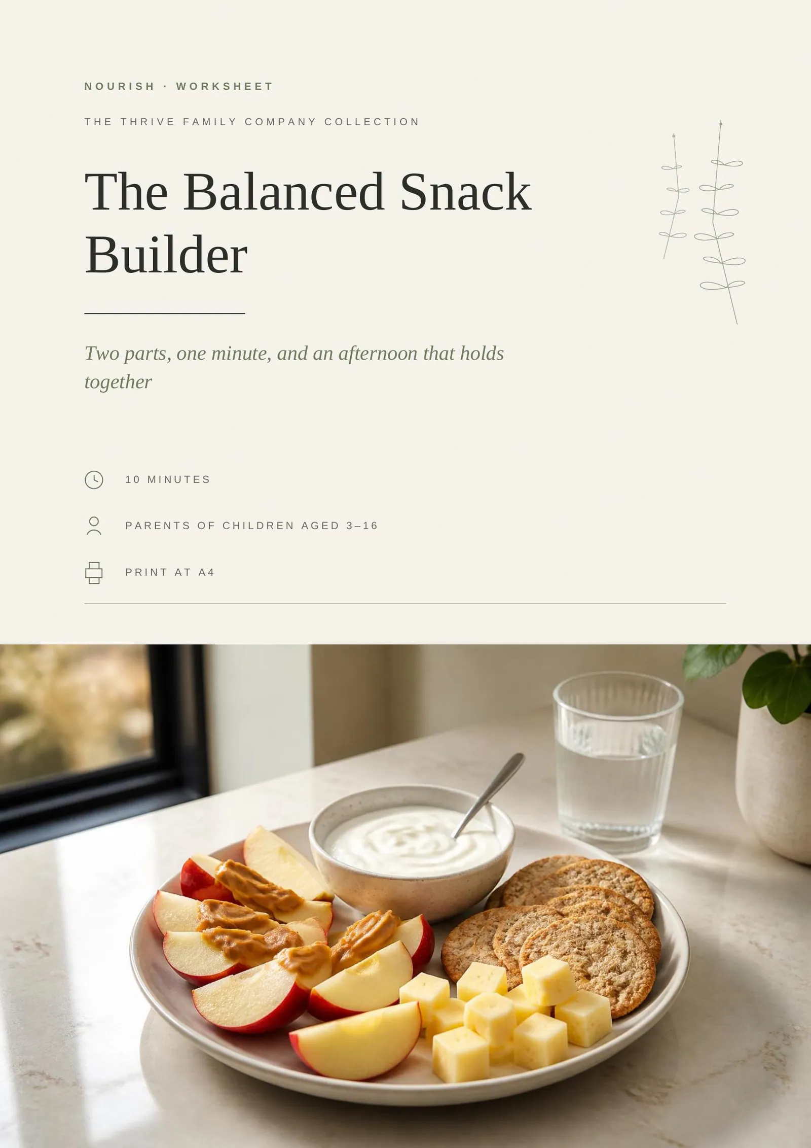 Cover of the printed worksheet: The Balanced Snack Builder