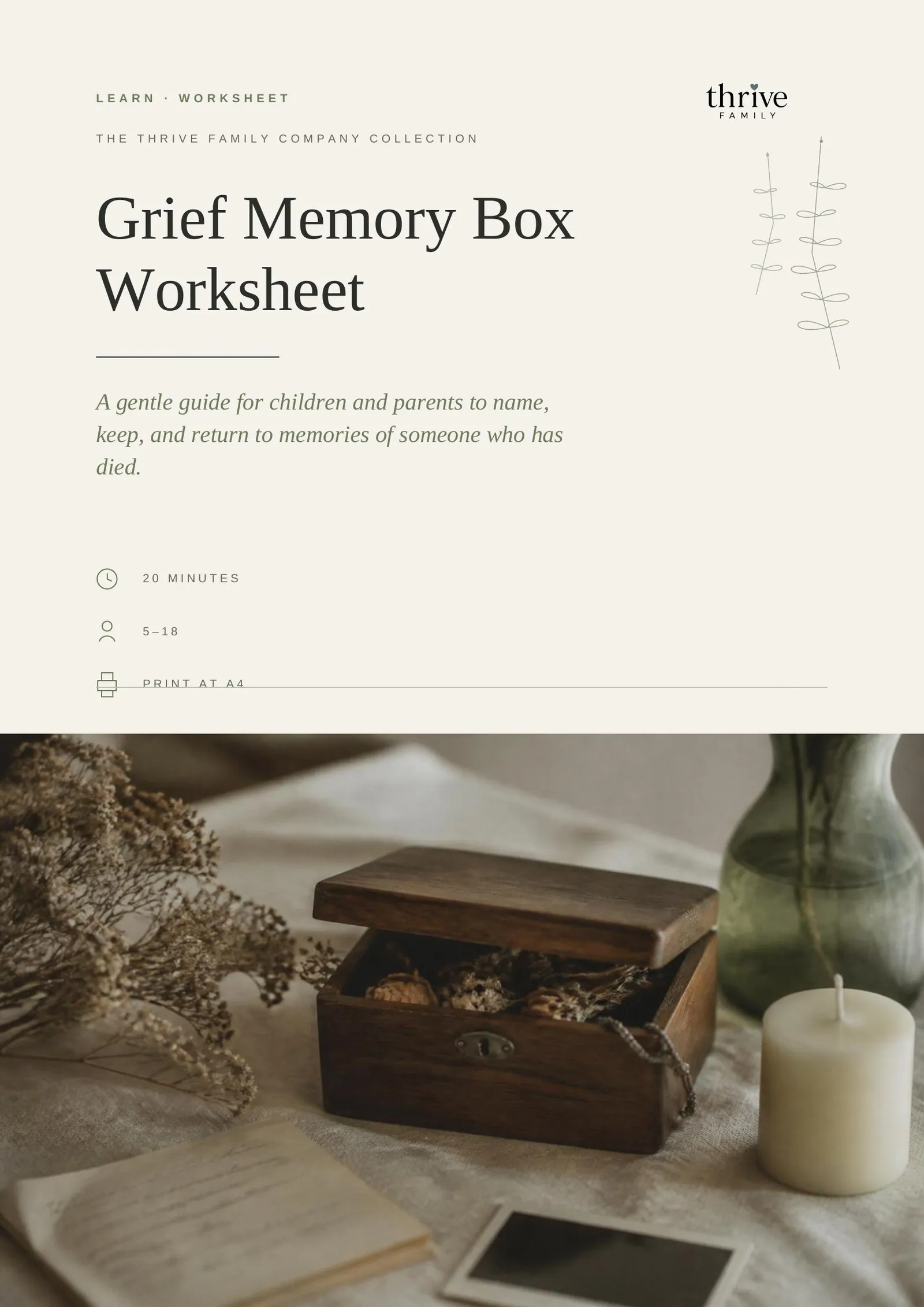 Cover of the printed worksheet: Grief Memory Box Worksheet