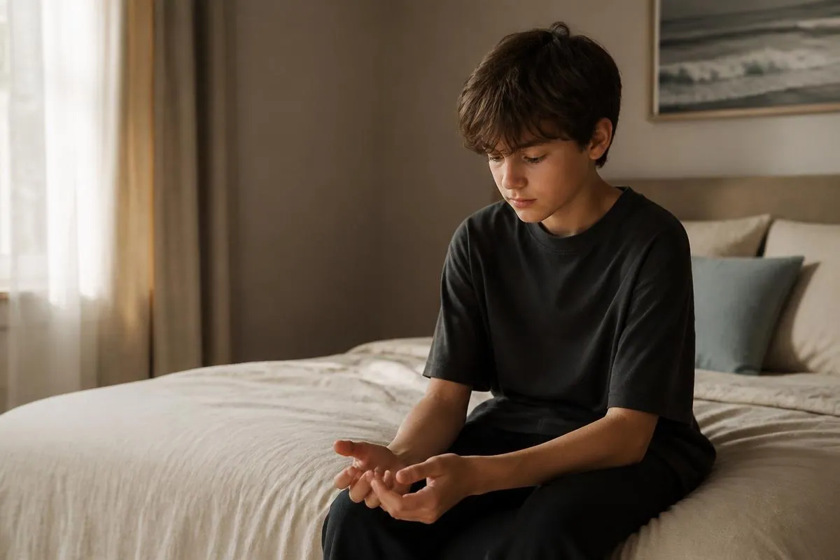 A child sitting on the edge of a bed in soft afternoon light, looking down at their hands