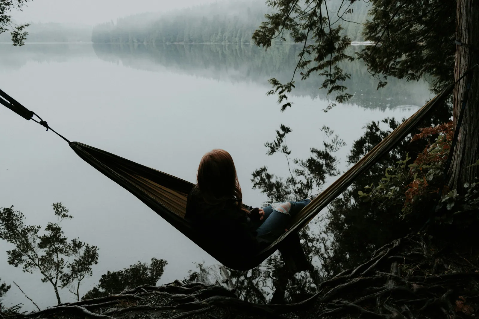 A person resting alone in a hammock beside a still lake at dawn