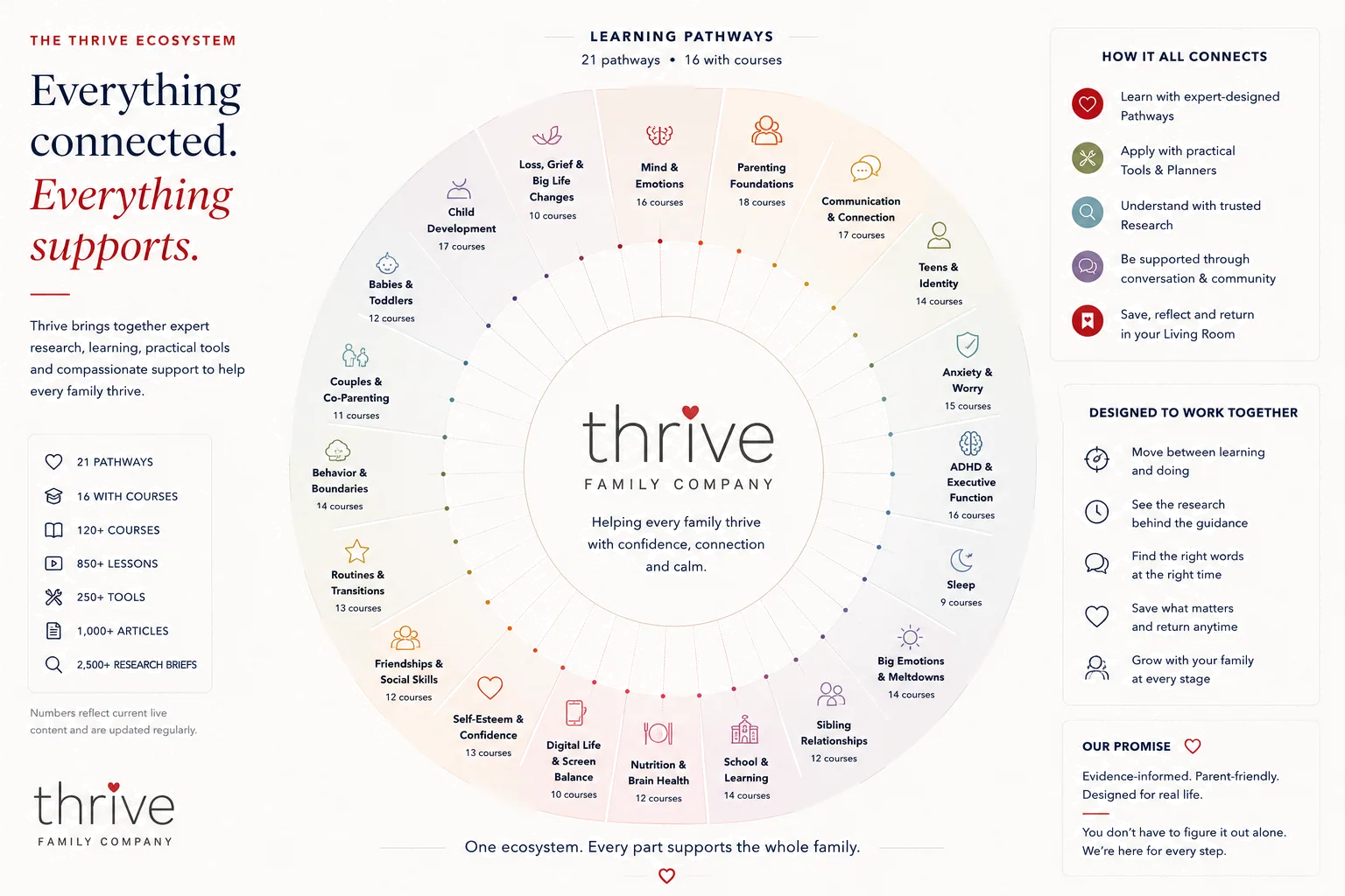 The Thrive ecosystem: the Thrive Family Company at the centre, surrounded by the twenty-one learning pathways and the tools, research and community that support them.