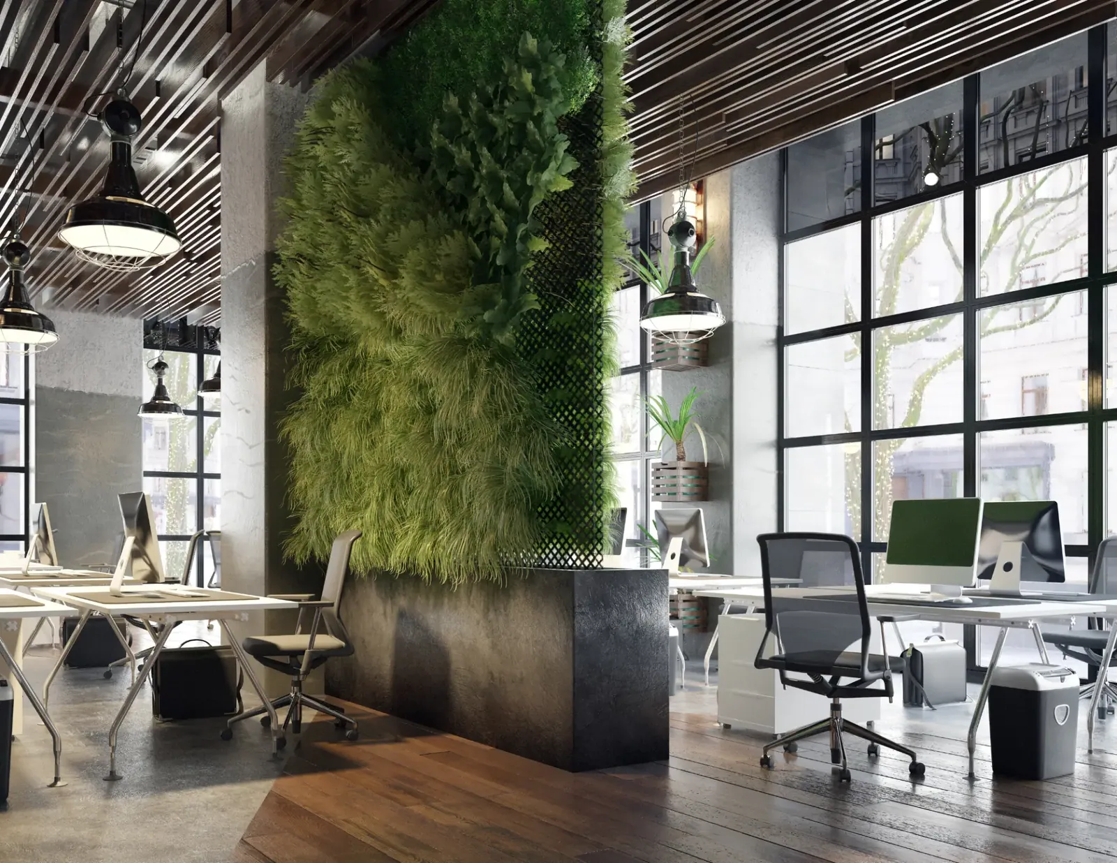 A calm, plant-filled modern workspace with wide windows