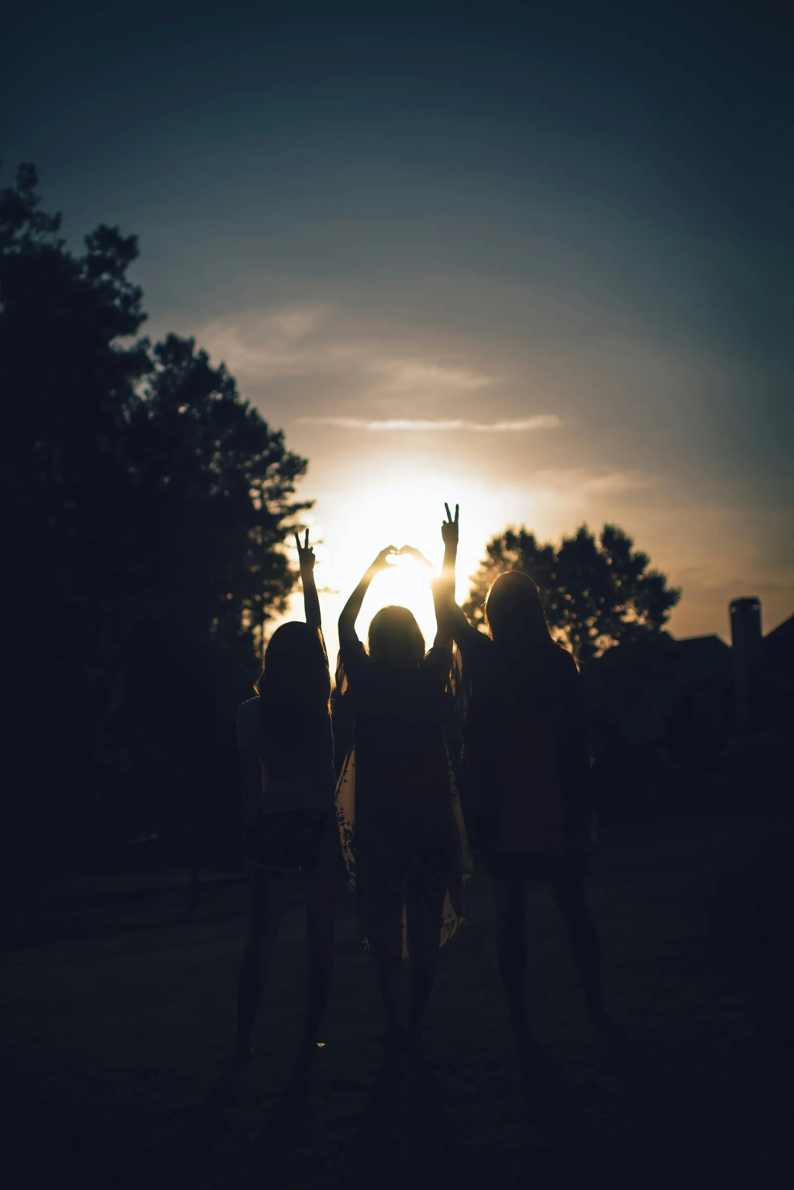 Children silhouetted against a dusk sky with their arms raised