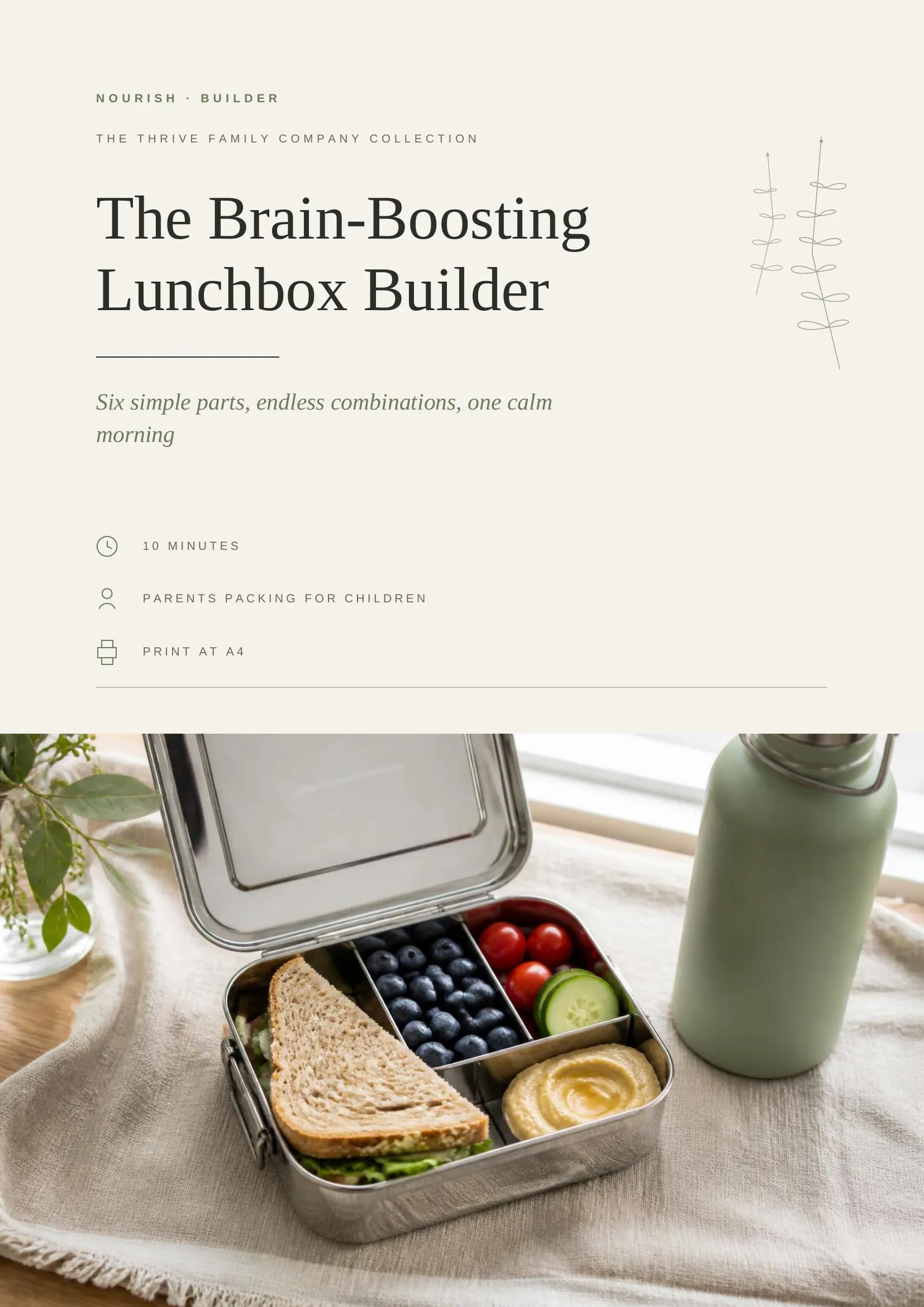 Cover of the printed worksheet: The Brain-Boosting Lunchbox Builder
