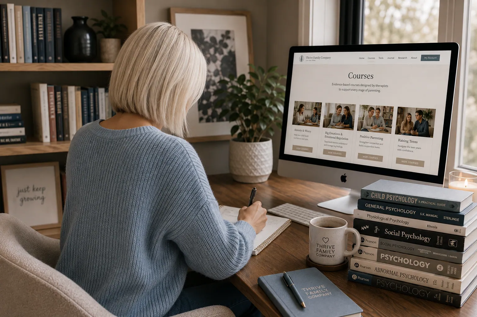 Thrive Family Company founder at her desk, surrounded by psychology books