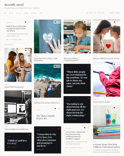 A member's Living Room showing recently saved quotes, courses, research and printables