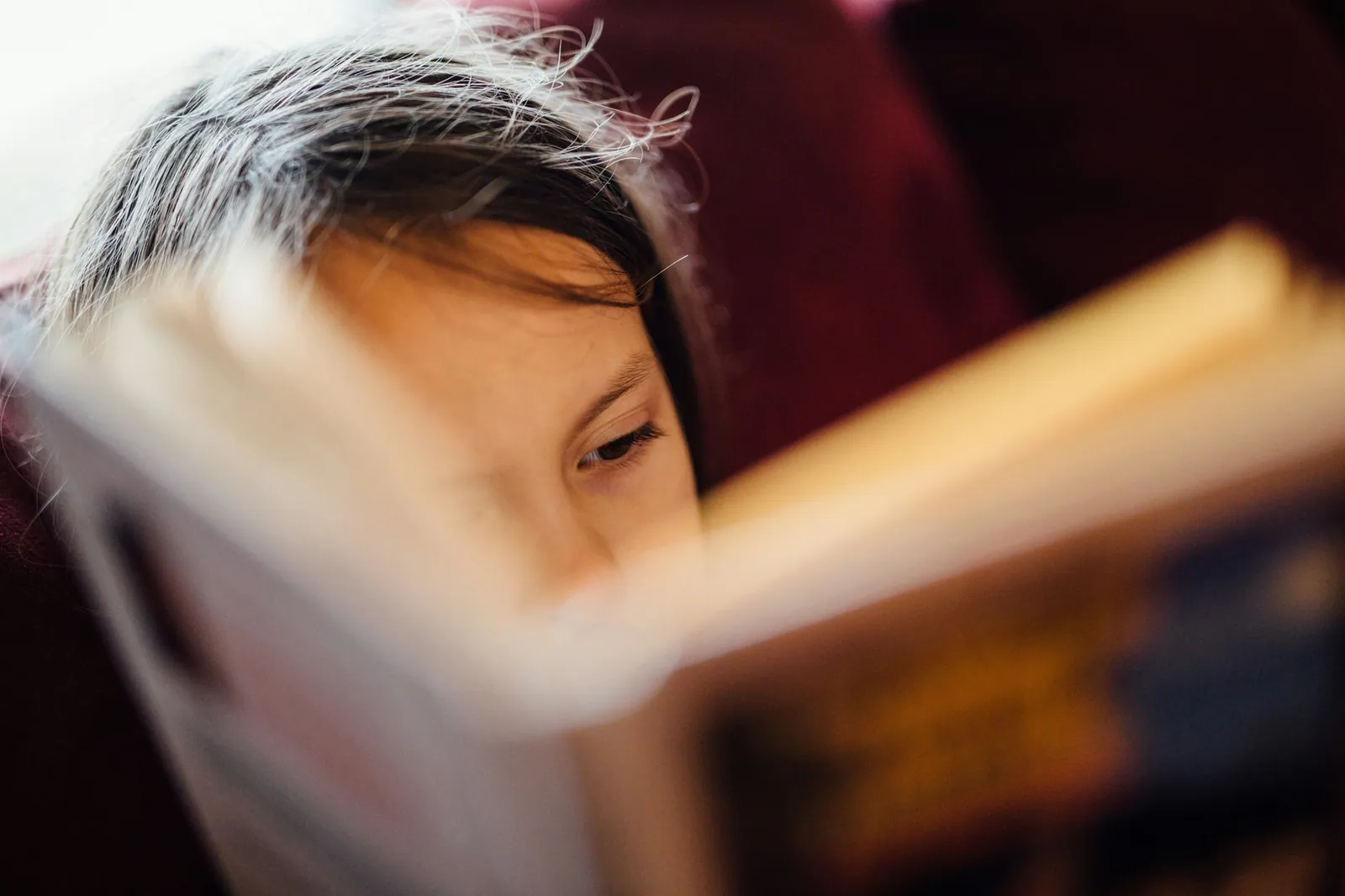 A child holding an open book close to their face while reading