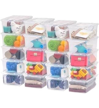 Stackable clear storage bins holding household and school items