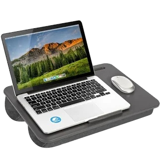 A portable lap desk with a cushioned base and flat working surface