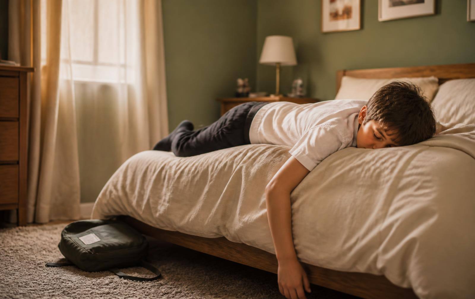 A child in school uniform lying face-down on their bed, backpack dropped on the floor