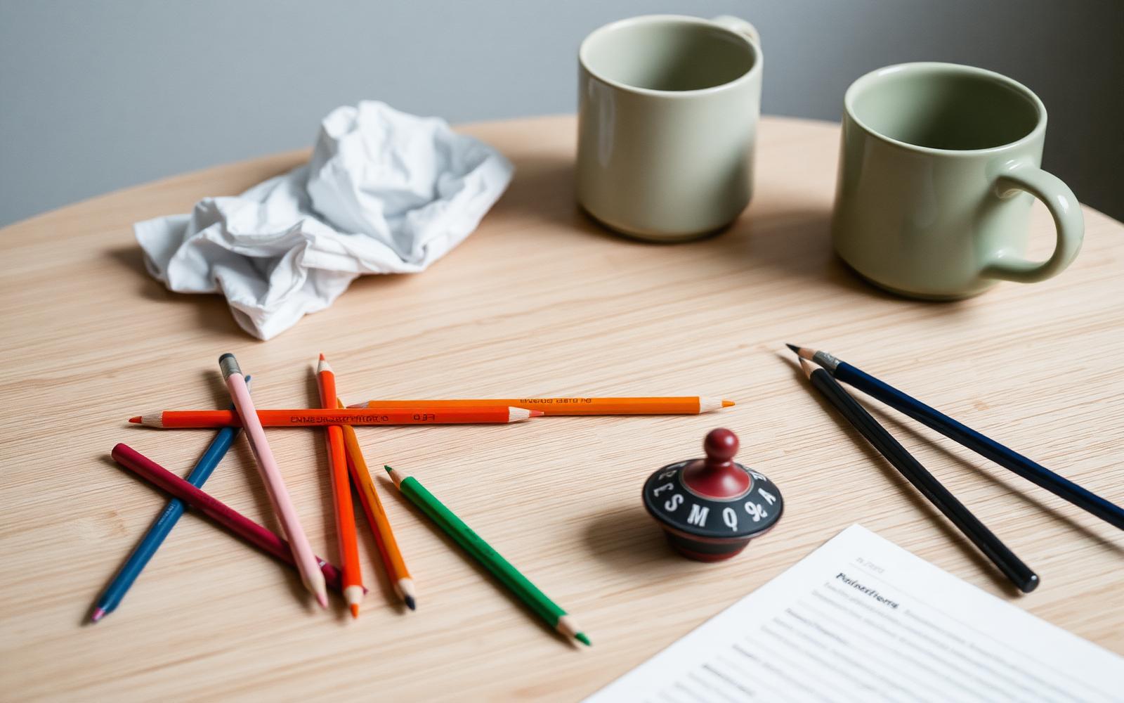 Scattered coloured pencils, a spinning top and a crumpled worksheet on a pale oak table