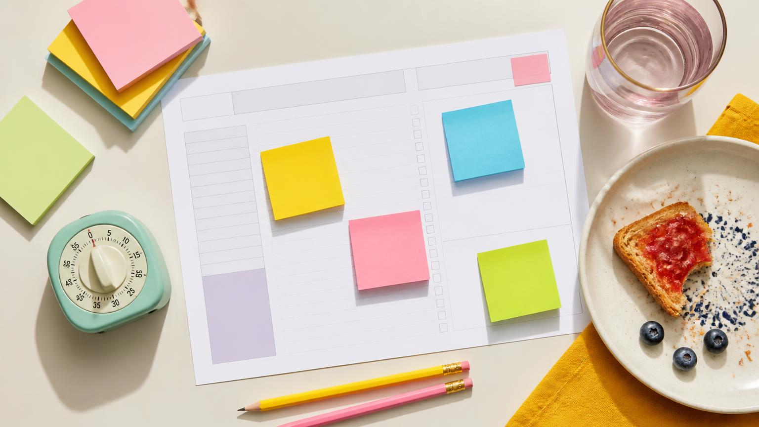 A paper day plan covered in colourful sticky notes beside a timer and breakfast