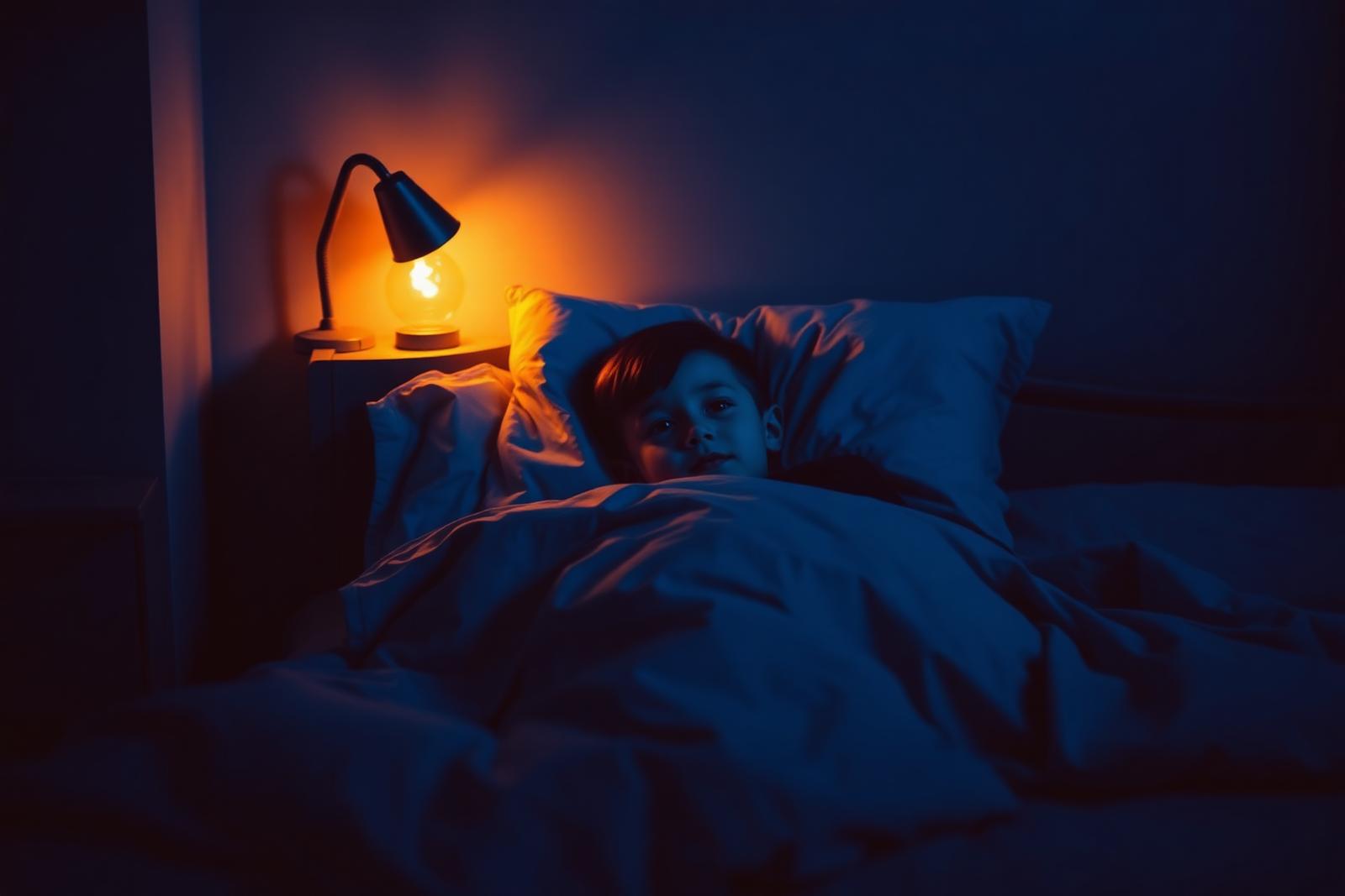 A nine-year-old boy sitting up in bed with a small torch, looking calmly toward a softly lit hallway, warm nightlight glow in a tidy bedroom