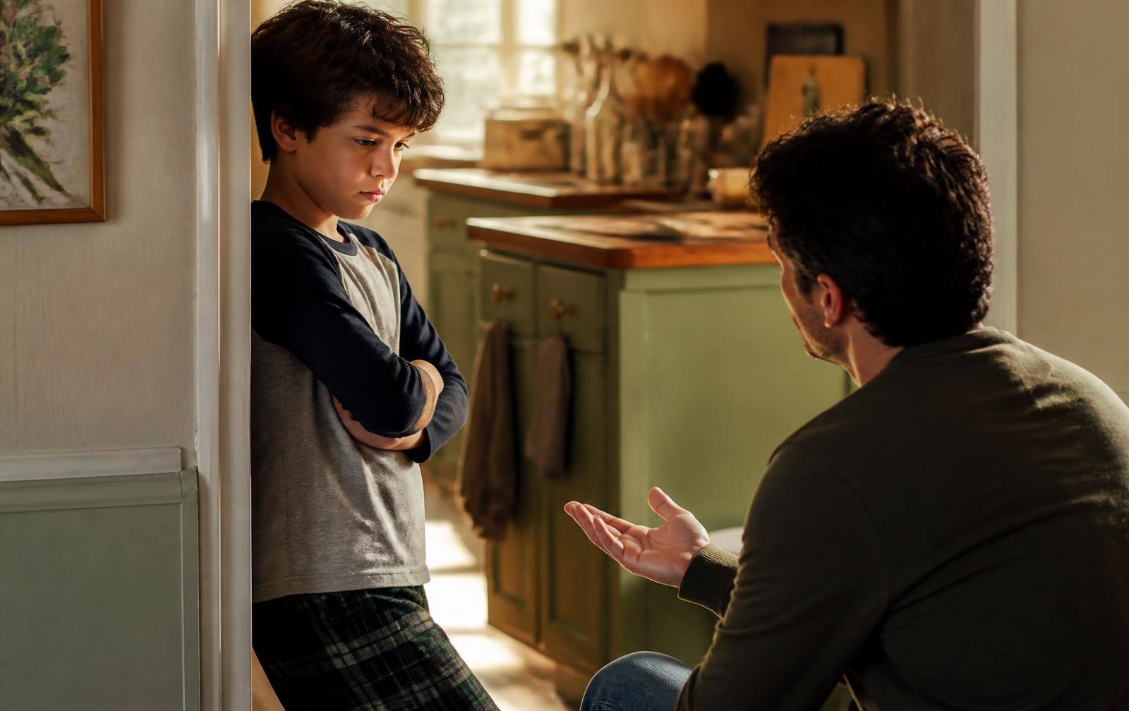 A tense child in a kitchen doorway while a parent crouches nearby with an open hand