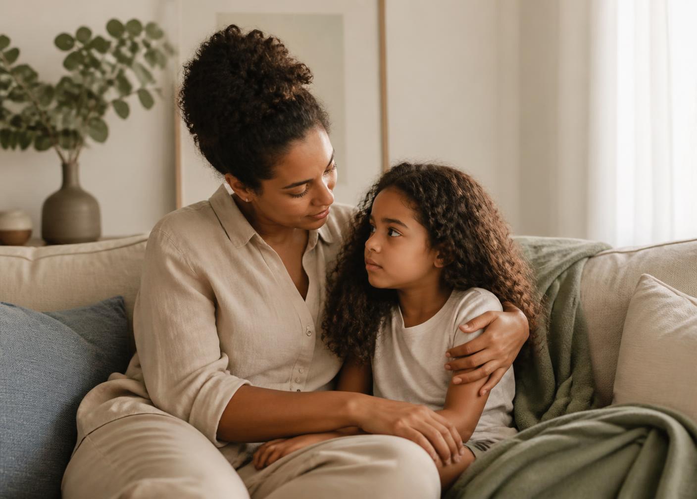 A parent gently comforting a worried child on a linen sofa in soft morning light for the Anxiety & Worry pathway