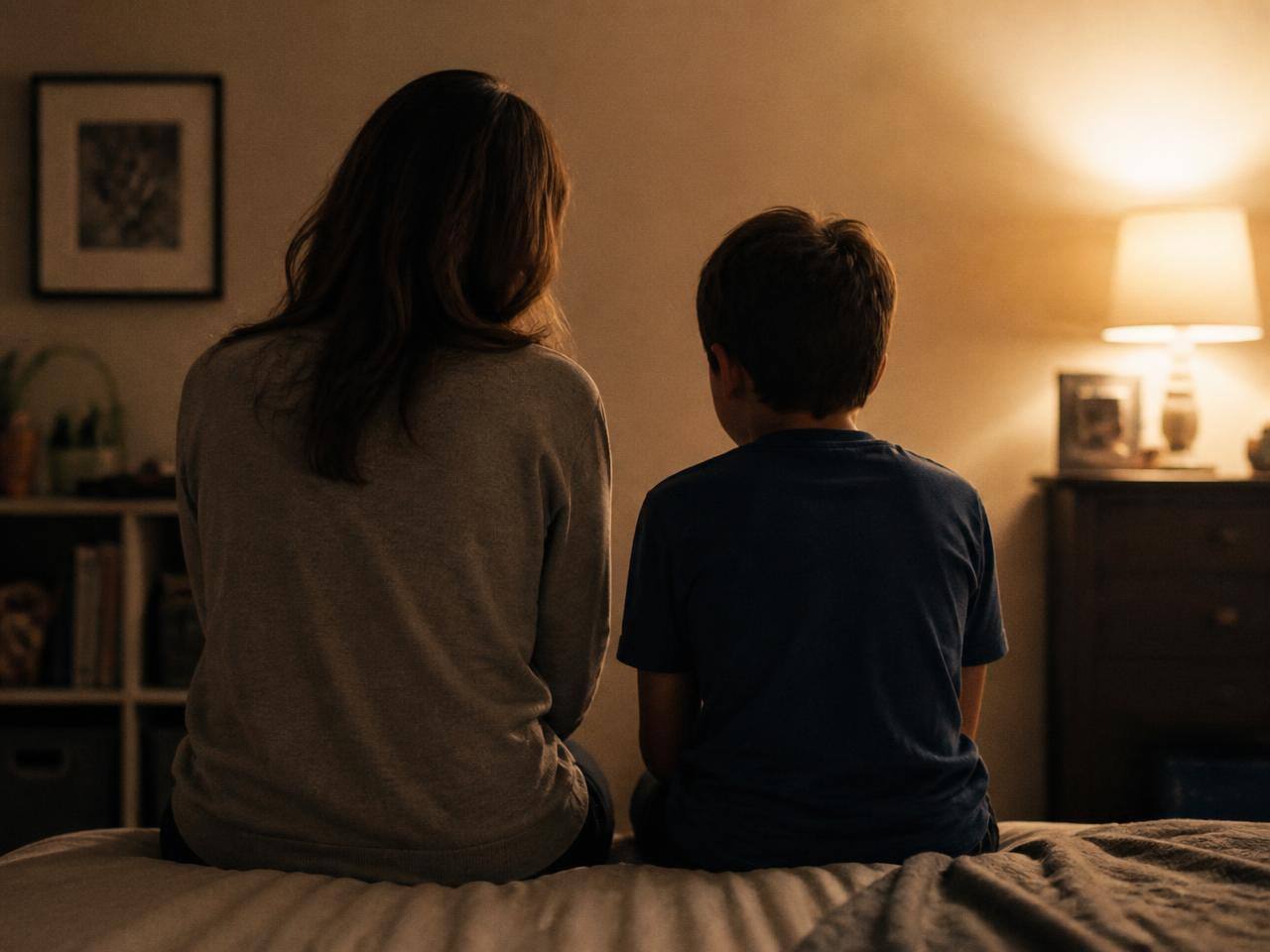 A parent and a school-age child sitting side by side on the edge of a bed in warm lamp light, seen from behind