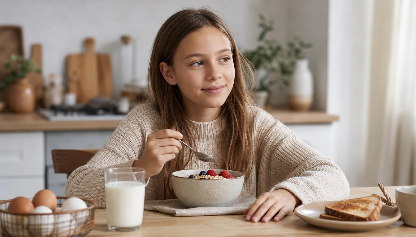 An eleven-year-old girl at a calm breakfast table with a bowl of oats and berries, toast, milk and eggs in soft morning light