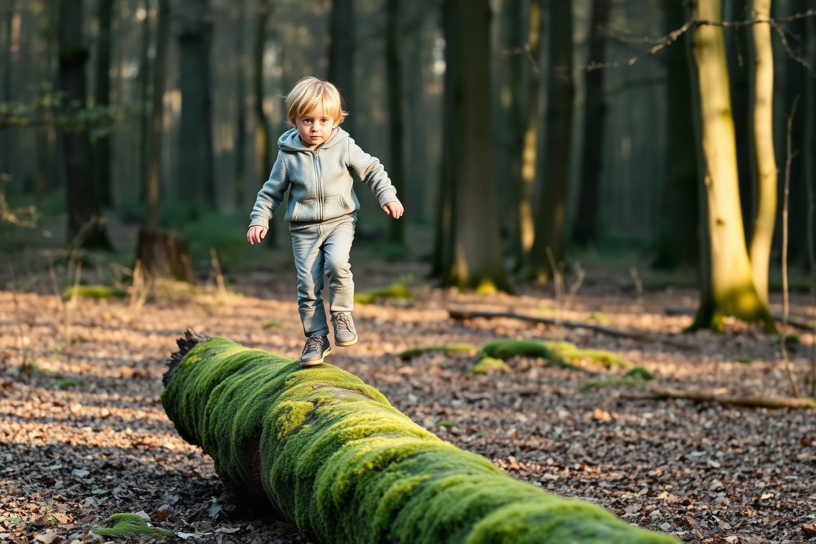 A child balancing along a mossy fallen log in soft morning woodland light