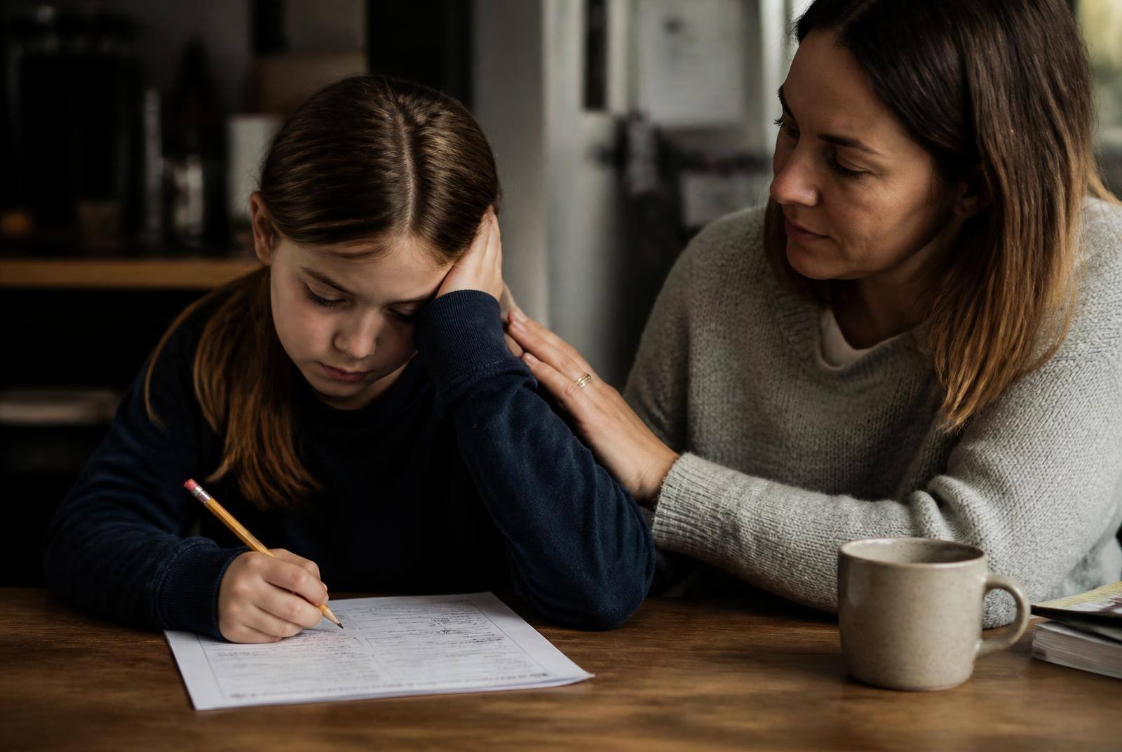 A school-age child at a kitchen table looking discouraged over a worksheet while a parent rests a hand on their shoulder