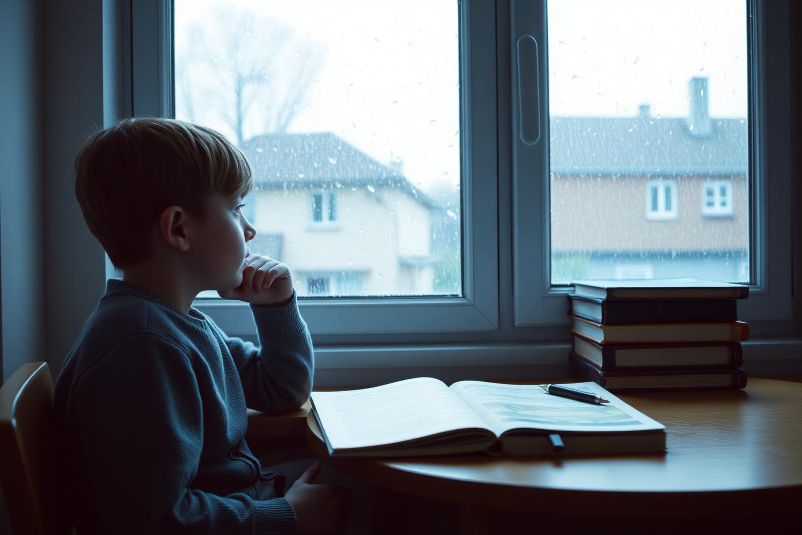 A school-aged child sitting by a rain-streaked window with schoolbooks nearby