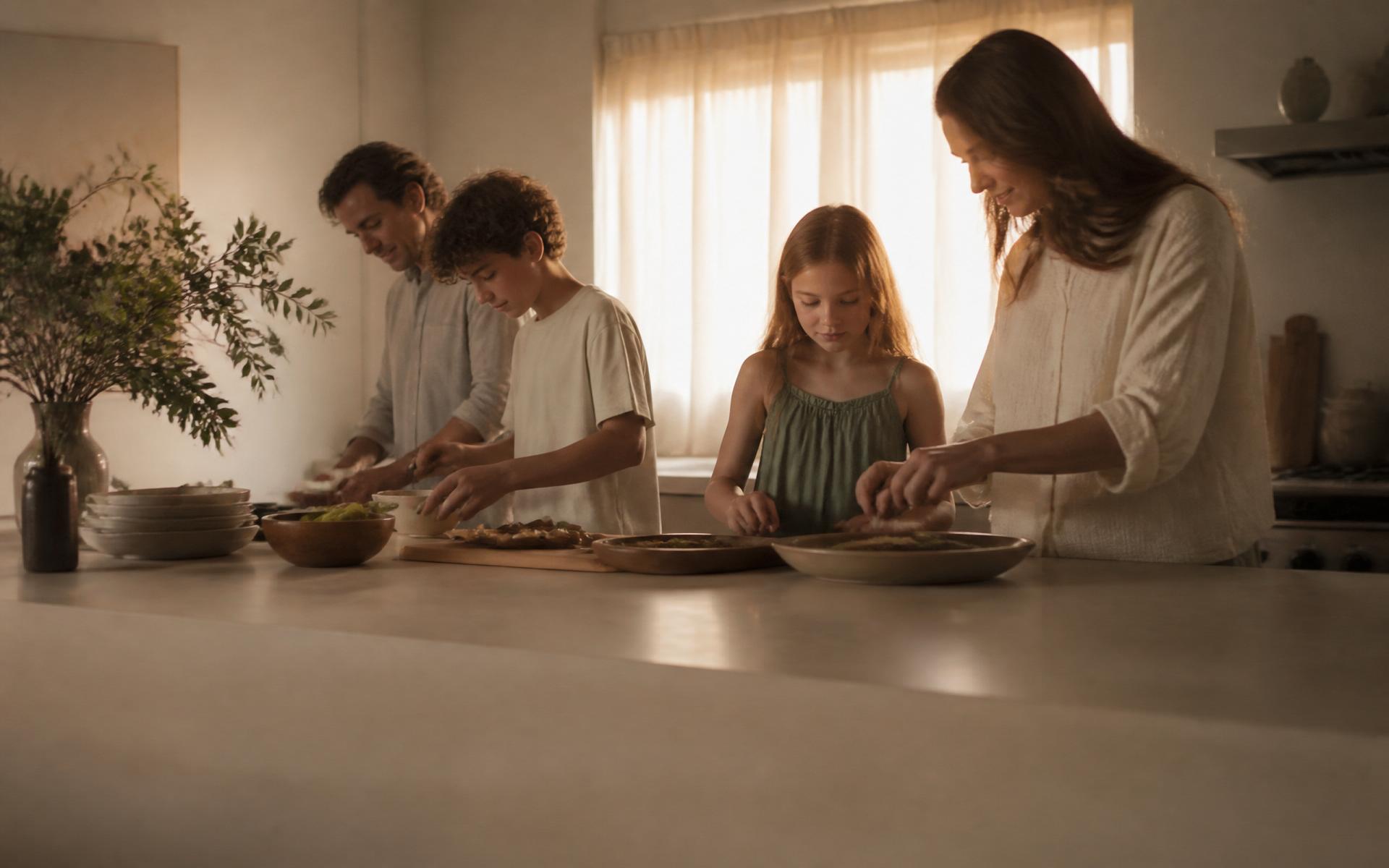A family preparing a meal together in a warm, calm kitchen
