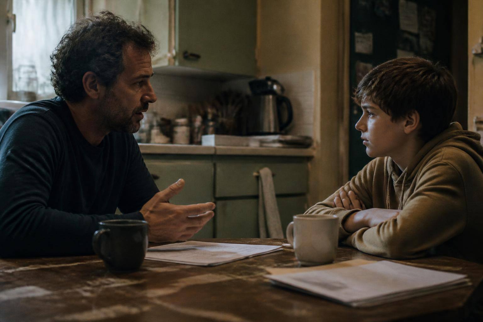 A parent and their teenage son talking calmly across a kitchen counter