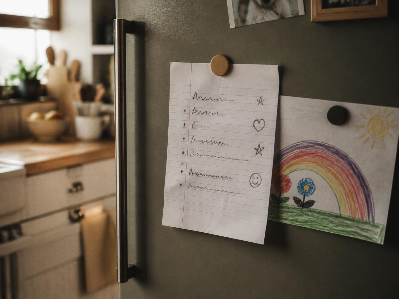 A handwritten family agreement pinned to a fridge with a magnet beside a child's crayon drawing