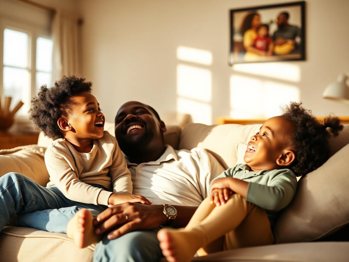 A family sitting together on a linen sofa in a sunlit, calm living room