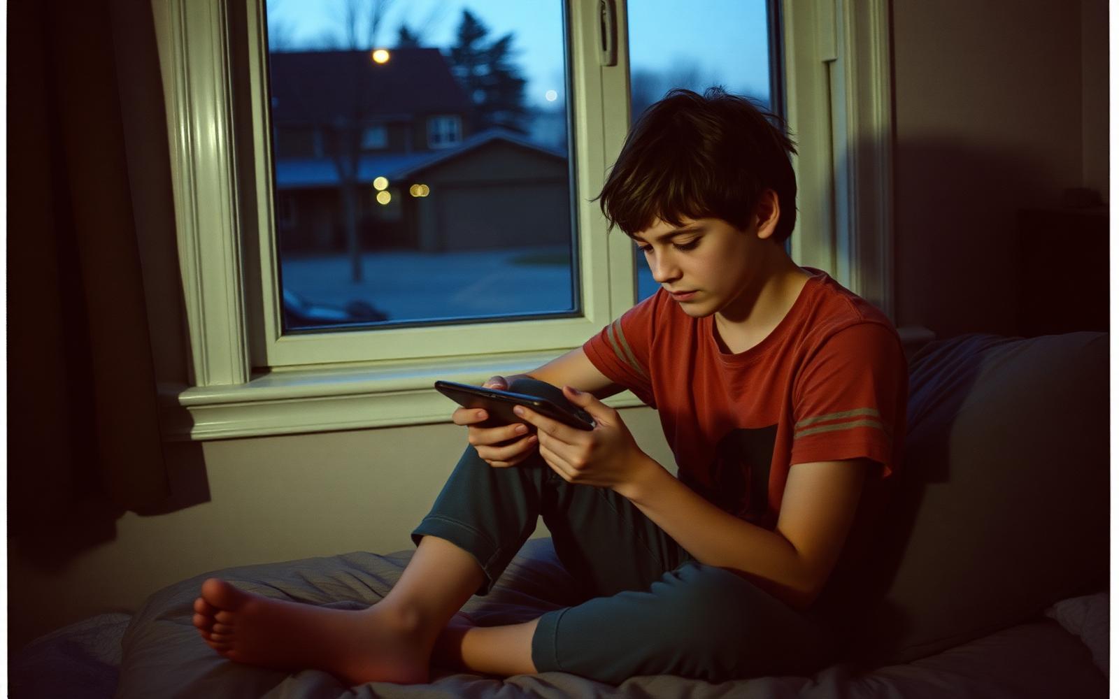 A fourteen-year-old sitting on a bed at dusk holding a phone face down on their knee, tired and withdrawn