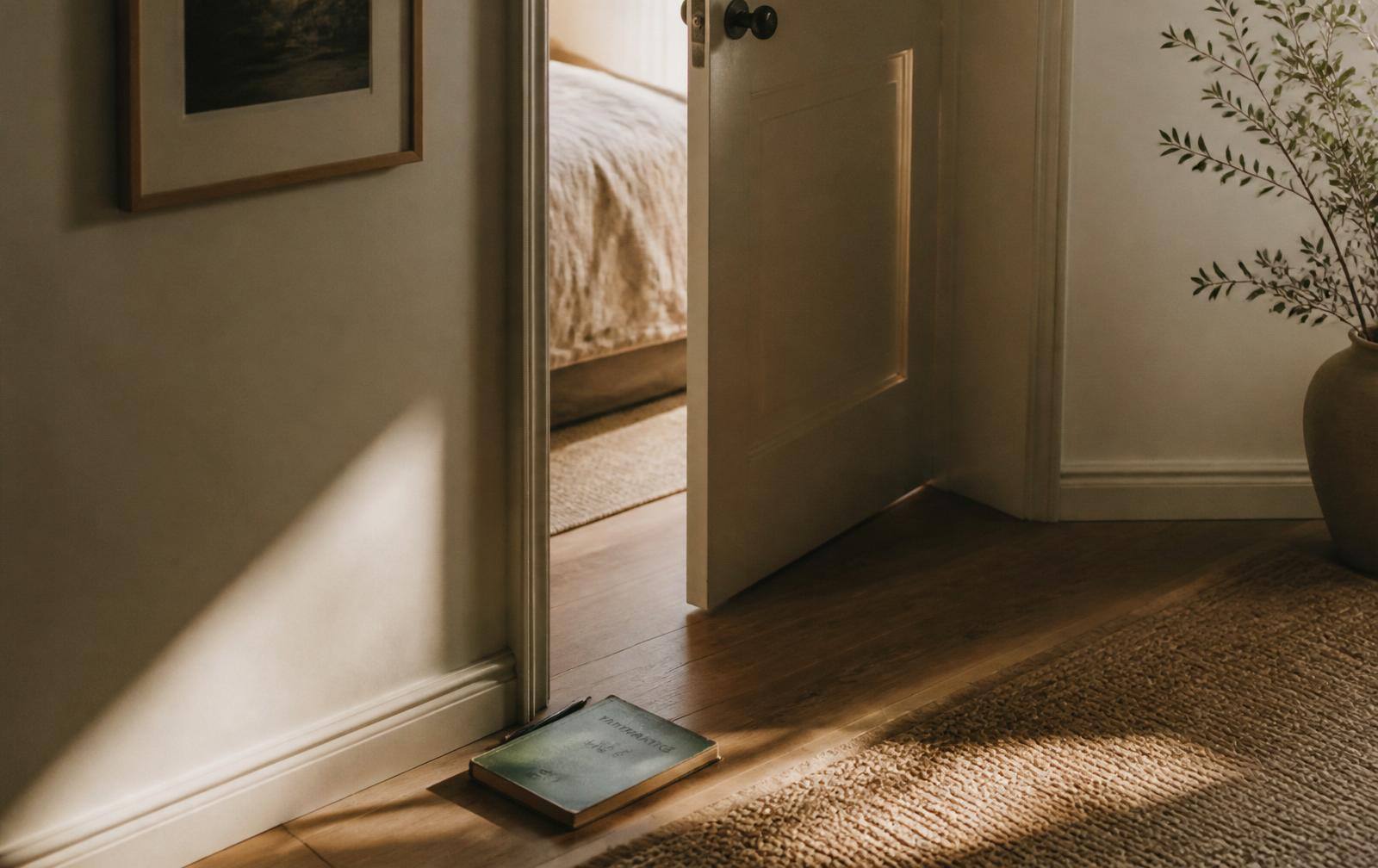 A bedroom door left ajar with warm light spilling into a calm hallway, an untouched schoolbook on the floor beside it