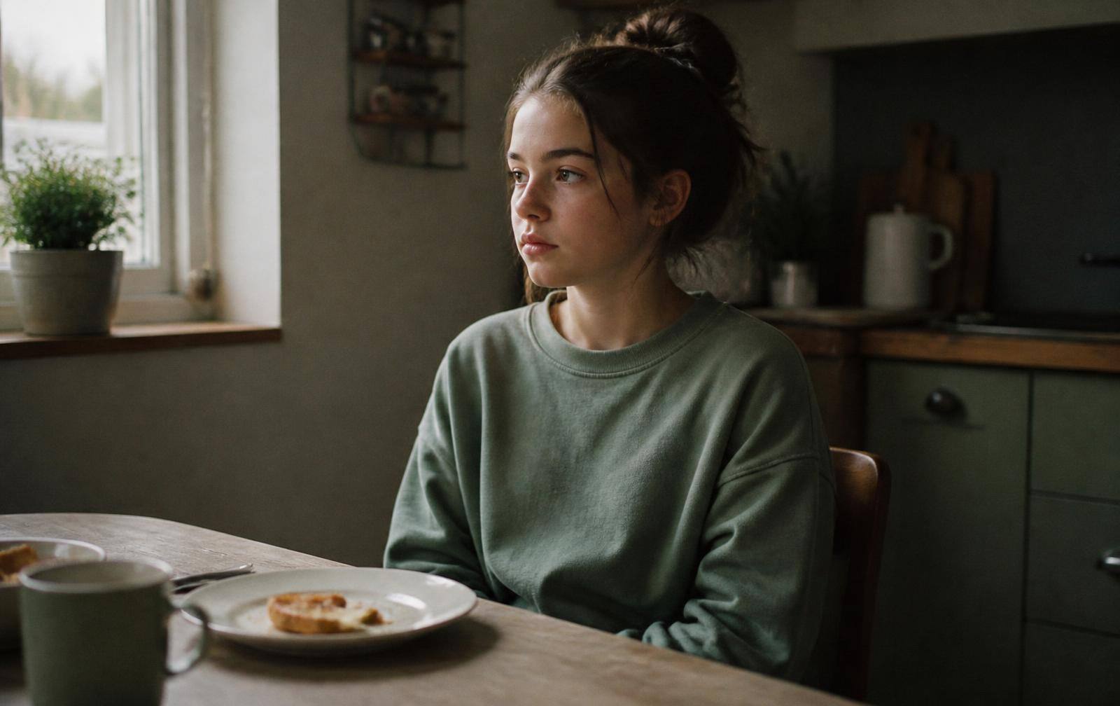A fifteen-year-old girl sitting at a kitchen table with a barely touched breakfast plate pushed away