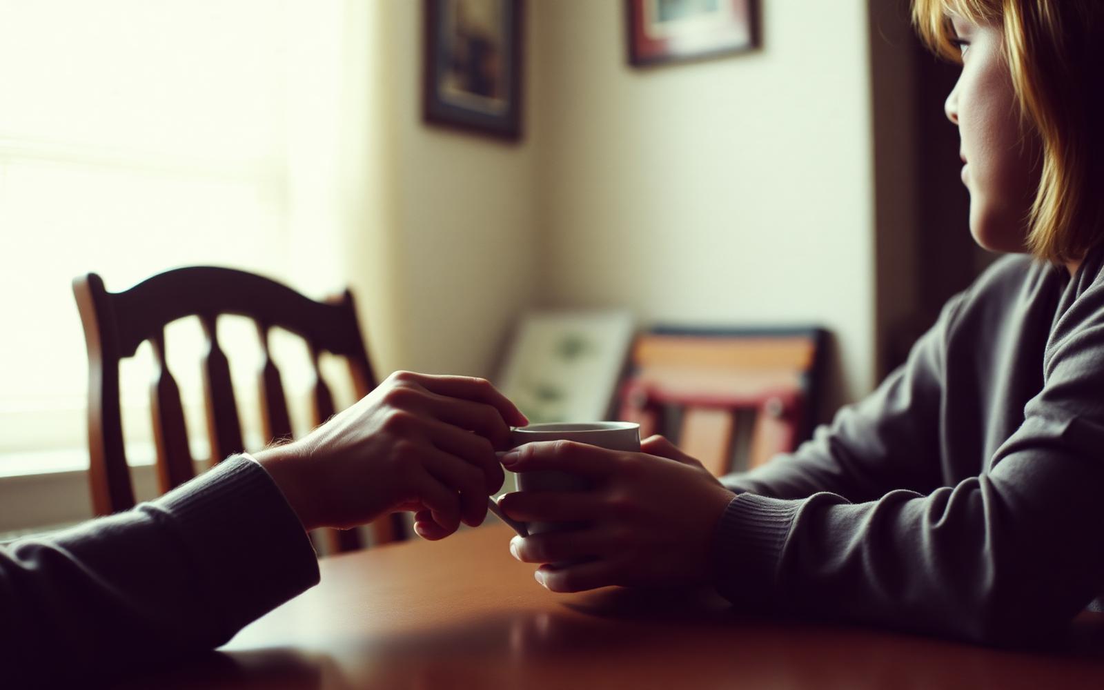 A parent's hands holding a mug at a kitchen table while a teenager sits opposite in soft focus during a quiet conversation