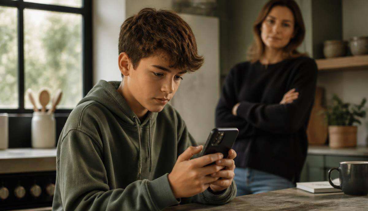 A 12-year-old boy holding a smartphone with a curious expression while a parent stands in the background with calm authority in a warm kitchen