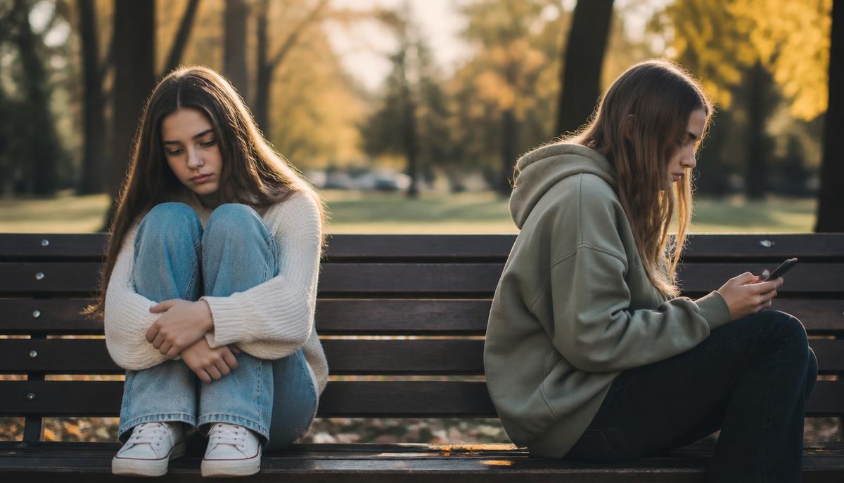 Two teenage girls sitting apart on a park bench in golden afternoon light, one looking sad and the other turned away toward her phone