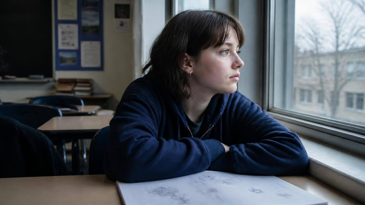 A quiet teenage student looking out of a classroom window beside a doodled notebook