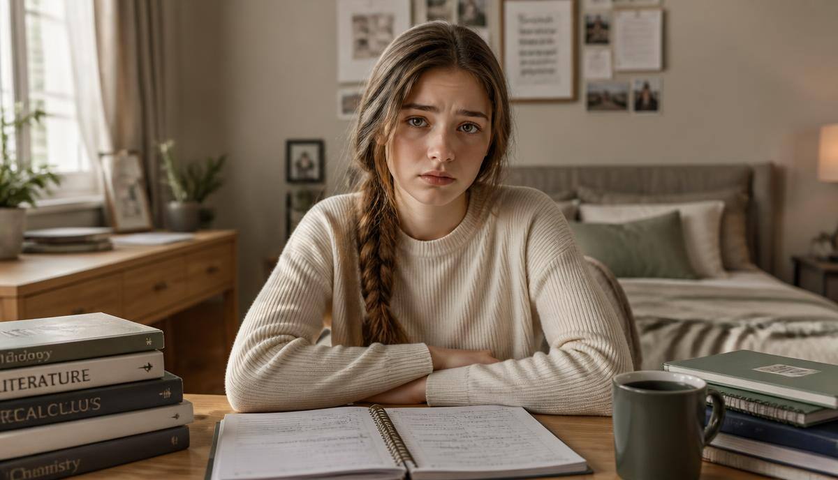 A composed 13-year-old girl sitting at a desk surrounded by textbooks, with a tired but determined expression, in warm editorial light