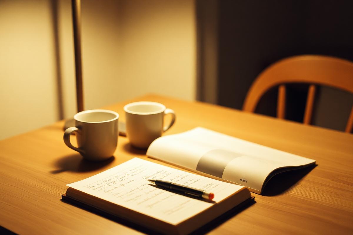 A kitchen table at night with two mugs, an open notebook and a pen under a warm lamp