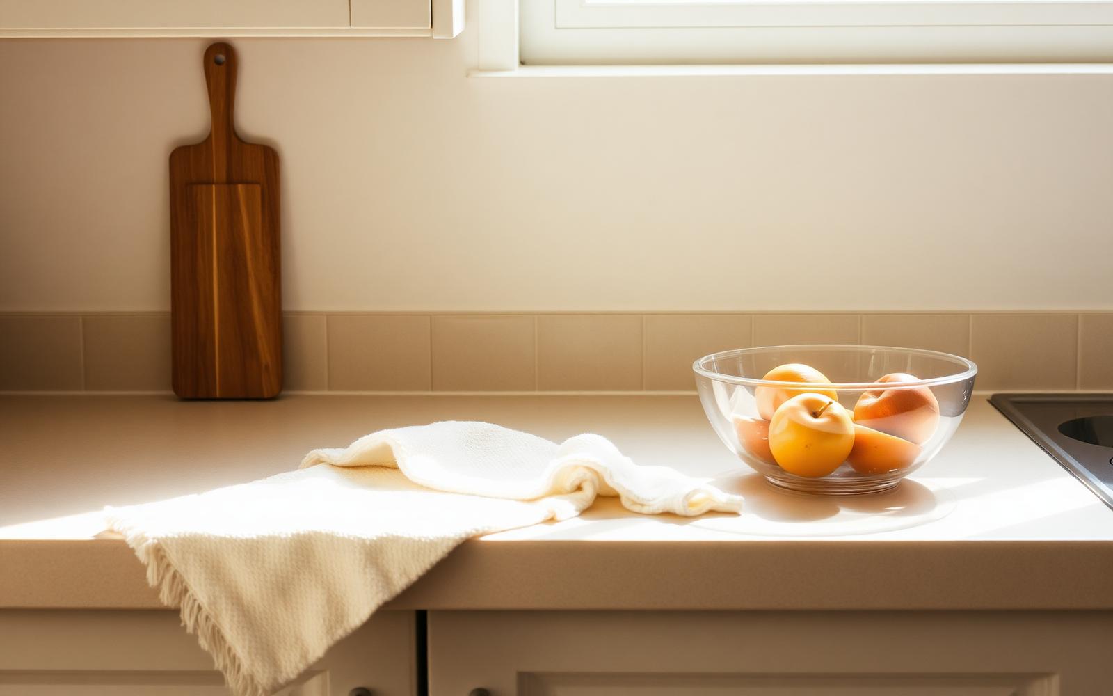 A wall calendar, a mug and a pen on a kitchen counter in morning light