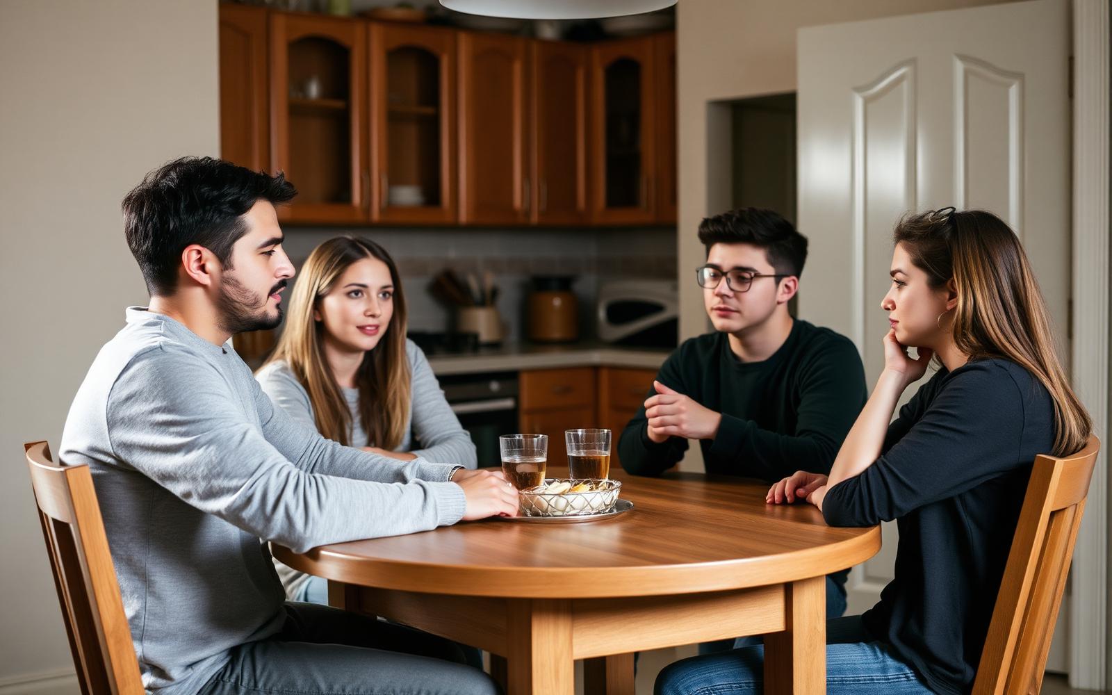 A wooden kitchen table set for a family meeting with an open notebook, mugs and mismatched chairs