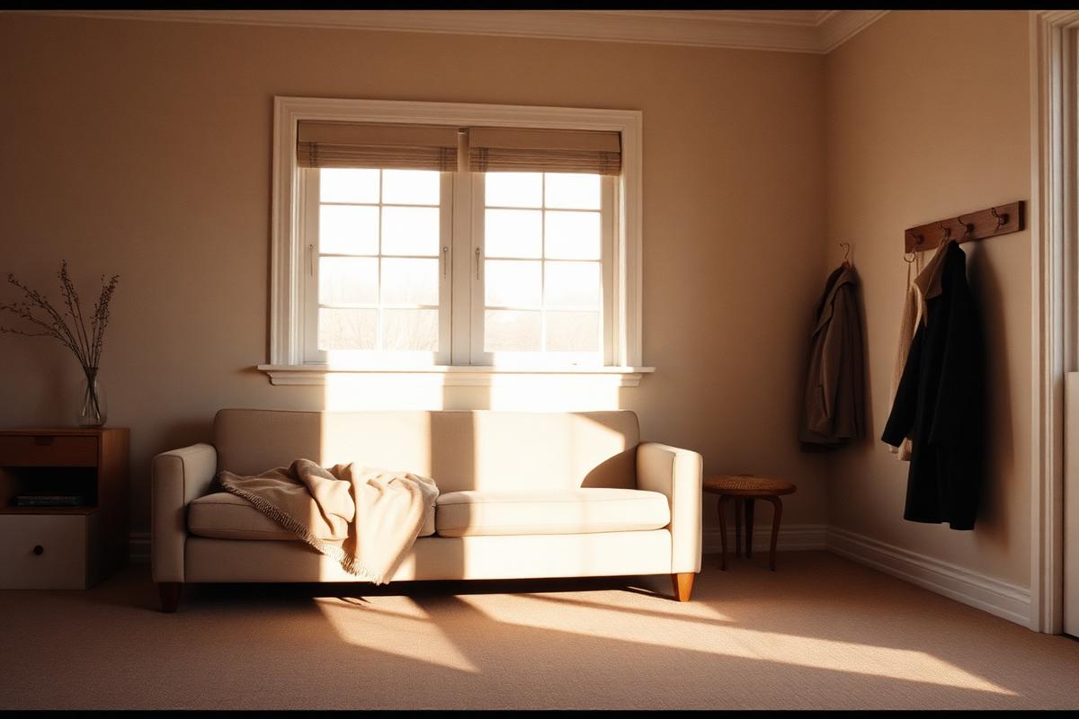A quiet living room in soft afternoon light with a folded blanket on a sofa and coats on hooks
