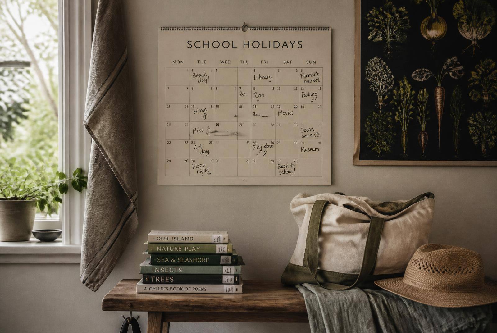 A hallway wall calendar marked up for the school holidays with a canvas bag, sun hat and stack of books on a wooden bench