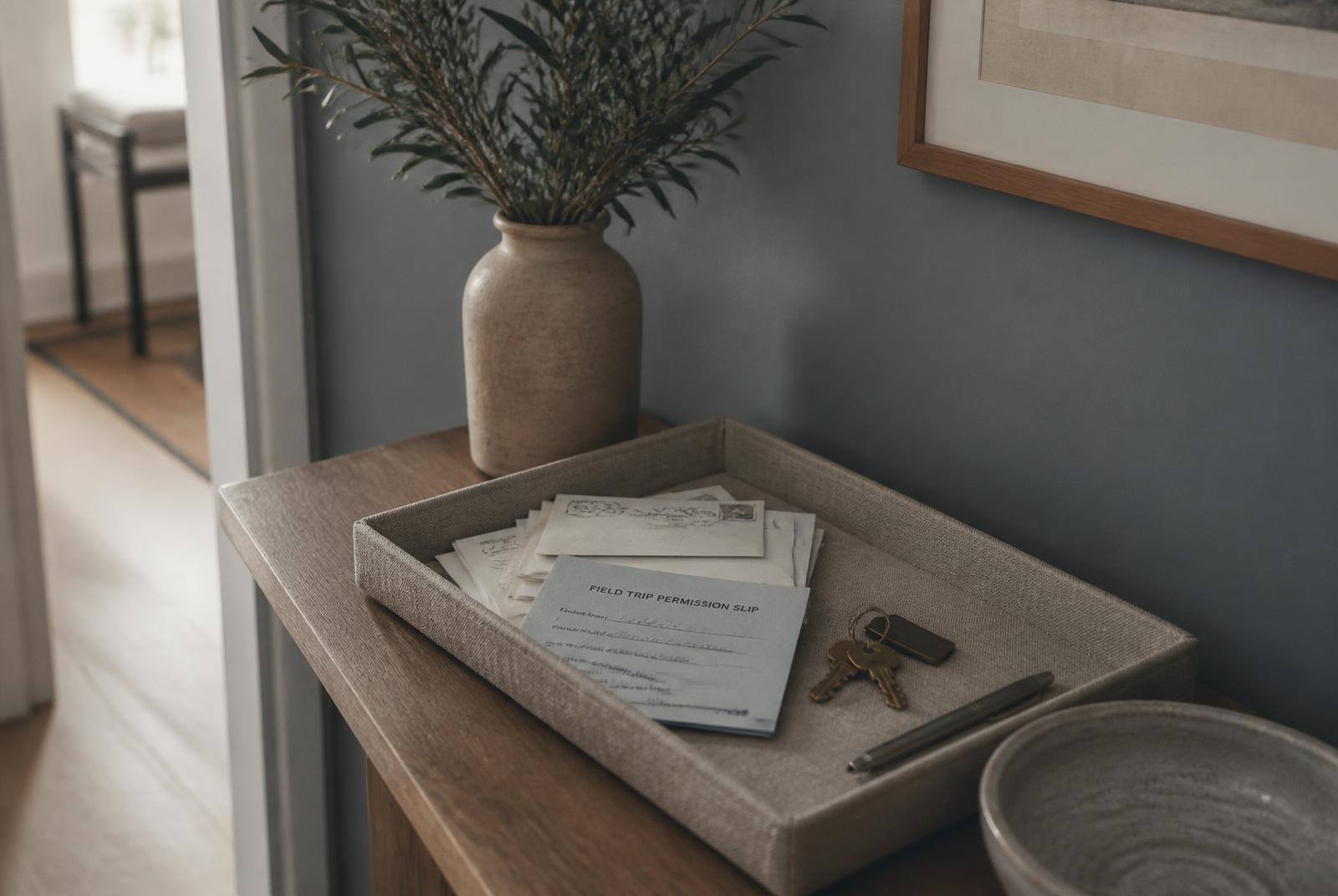 A linen tray on a hallway console holding letters, a permission slip, keys and a pen