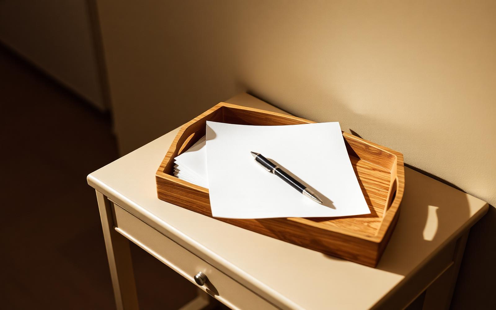 A folder of papers and a notebook on a desk beside a cup of tea