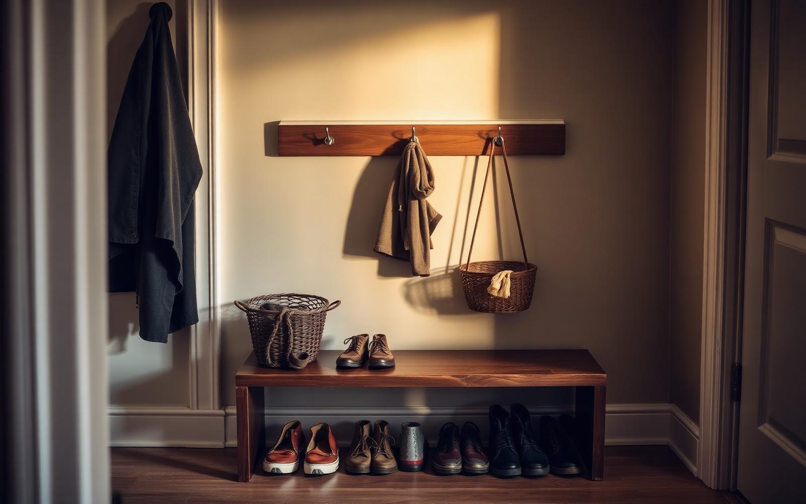 A cluttered entryway bench with school bags, shoes and coats on hooks in morning light
