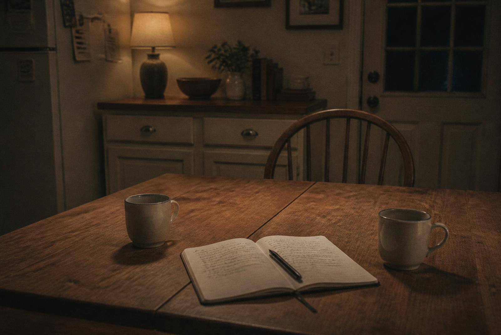 An empty kitchen table at night with two mugs, an open handwritten notebook and a chair pushed back