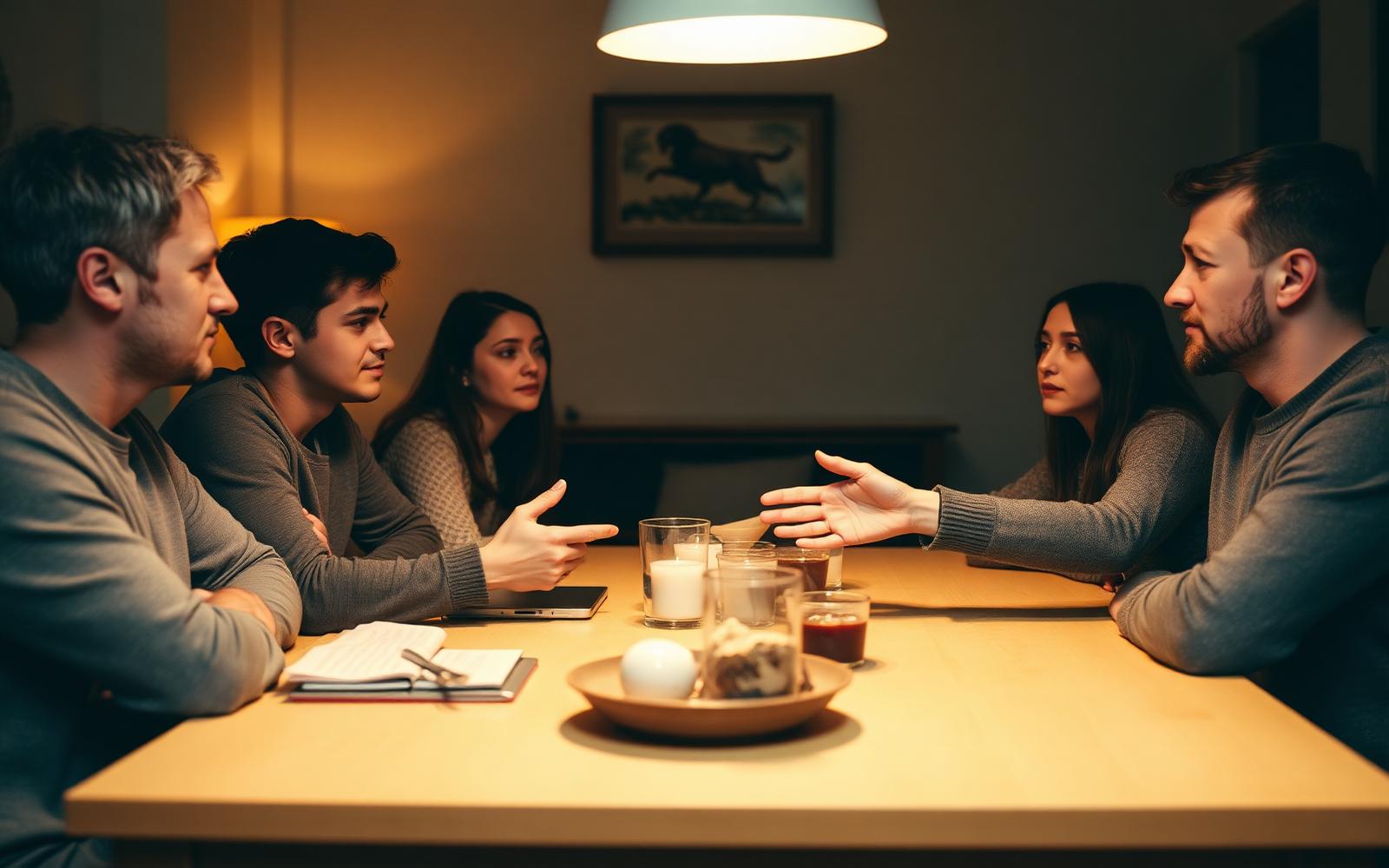A teenager and a parent talking across a kitchen table in the late afternoon
