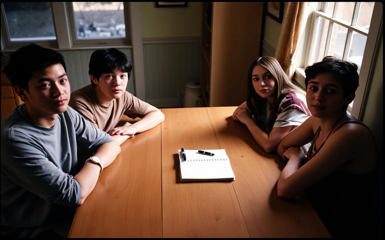 A family seated around a wooden kitchen table with an open notebook and a pen between them