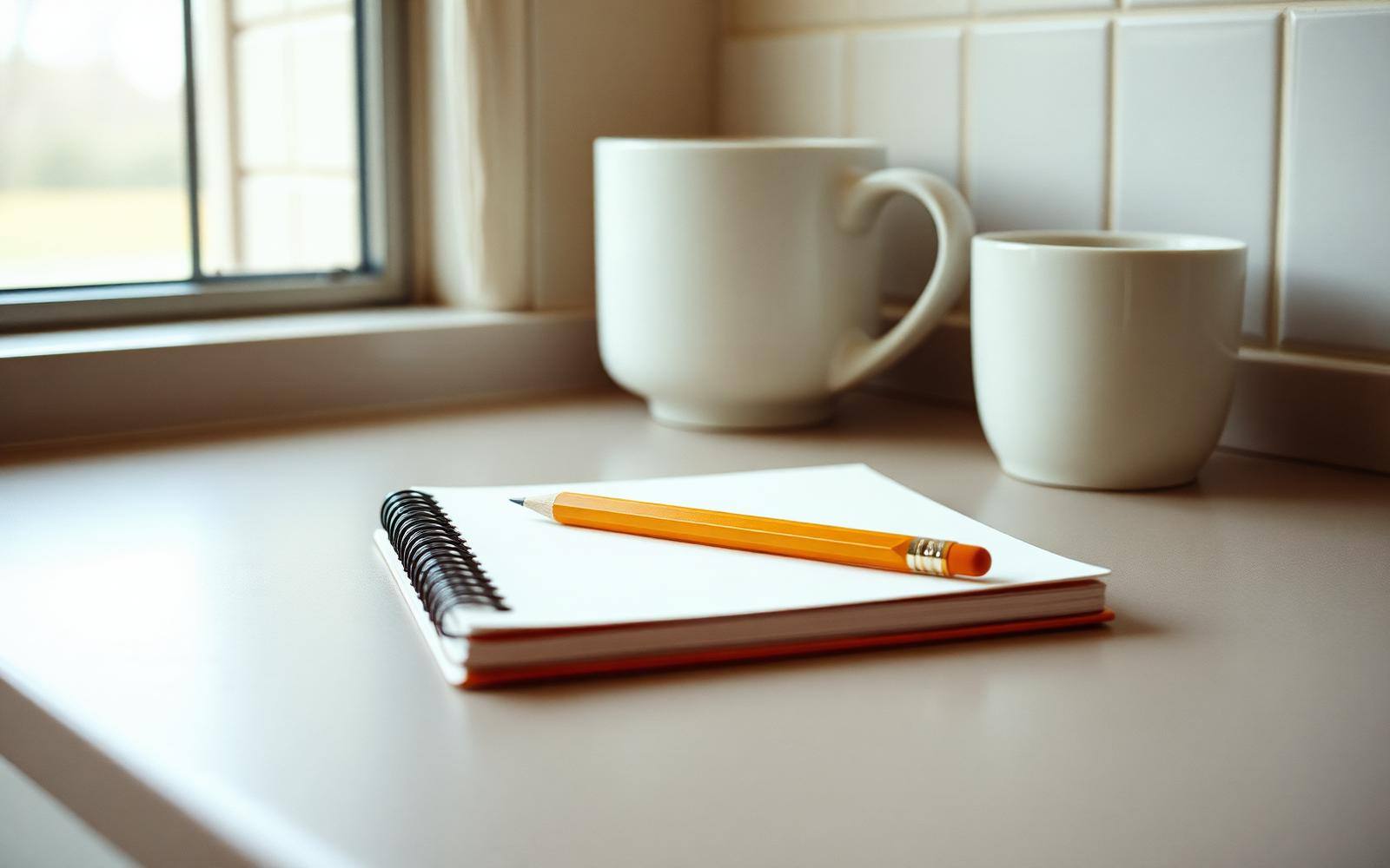 An open notebook and pen on a kitchen table with a list of handwritten questions