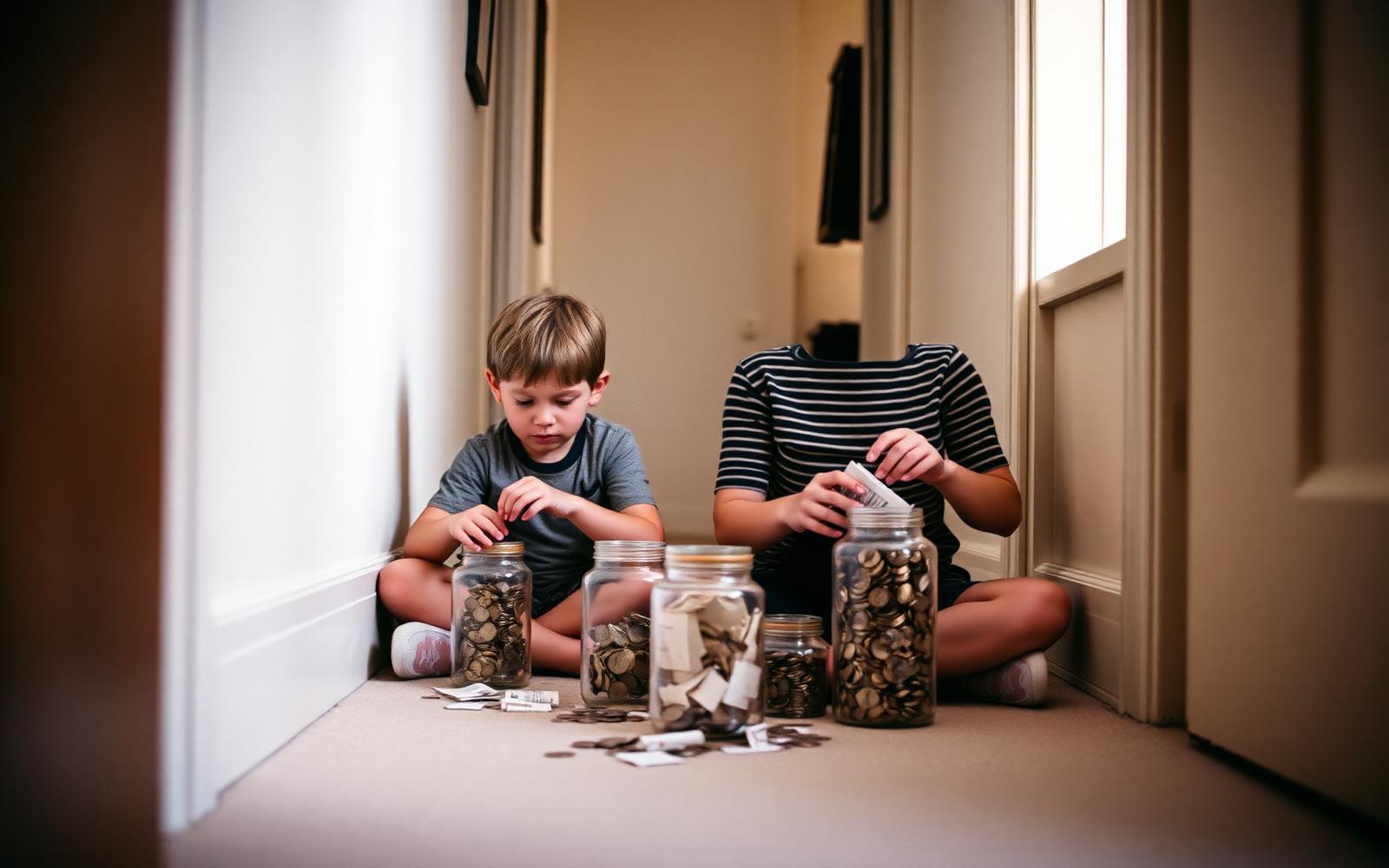 Two children sitting on a hallway floor sorting coins and notes into glass jars